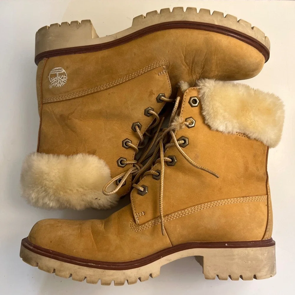 Timberland Womens Wheat Leather Faux Fur Trim Lace Up Boots 89379 Size 6M
